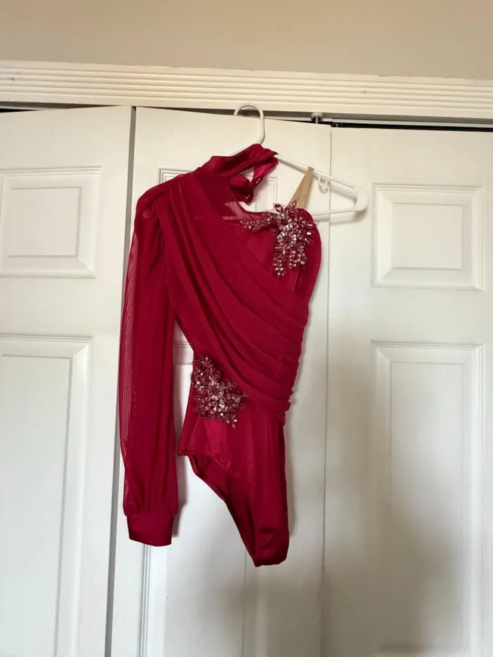 Weissmans Maroon asymetrical dance costume with cutouts and sequins